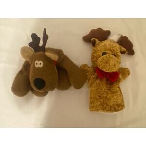VTG Lot 2 Reindeer Plush Hand Puppet Fourstar Hallmark Rodney Christmas Red Bow